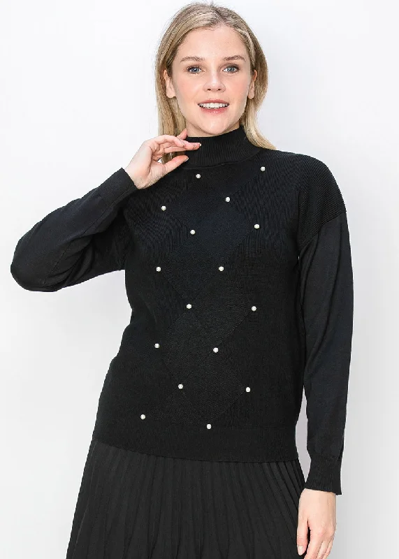 Fashionable Women's Casual Apparel Pearl Accent Black Knit Sweater