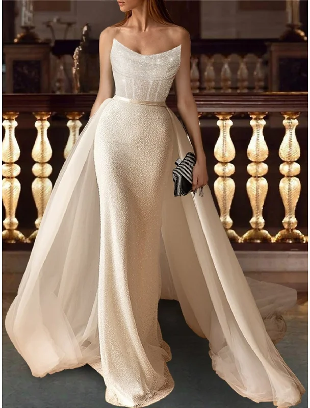 Classic Women's Clothing Styles Reception Formal Wedding Dresses Mermaid / Trumpet Sweetheart Sleeveless Court Train Lace Bridal Gowns With Pleats Pearls