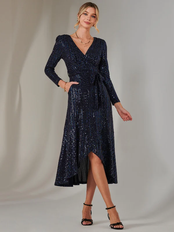 Women's Holiday Apparel Long Sleeve Metallic Spot Maxi Dress, Navy