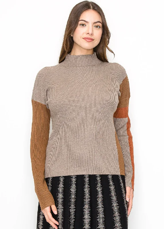 Chic Women's Garments Taupe Ribbed Sweater with Warm Accents