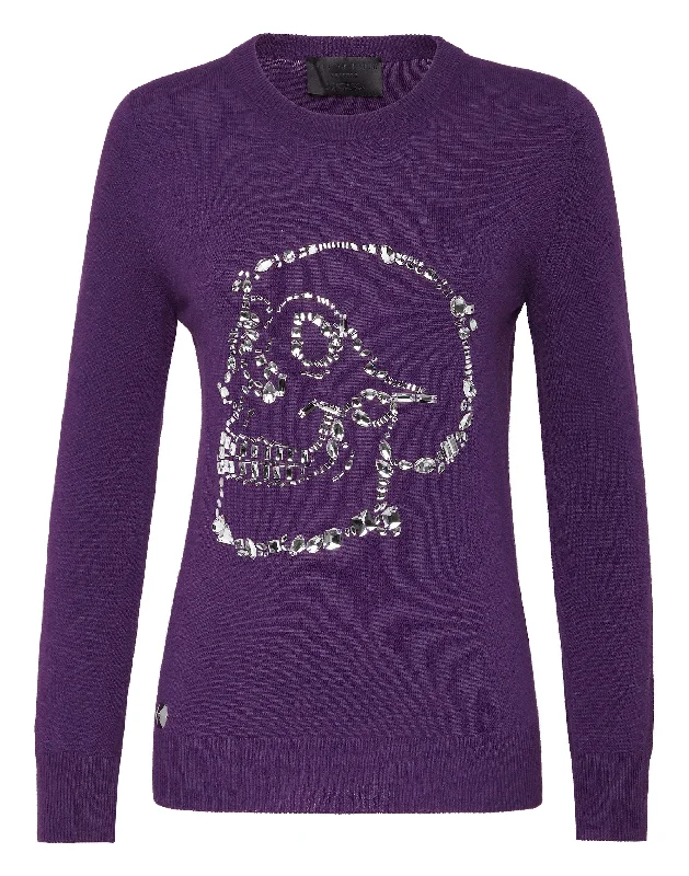 Affordable Women's Apparel Pullover Round Neck LS Look At Me  Skull crystal