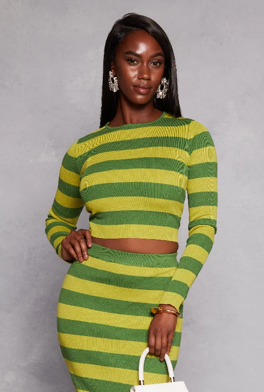 Women's Elegant Clothing Sets Striped Crew Neck Long Sleeve Sweater