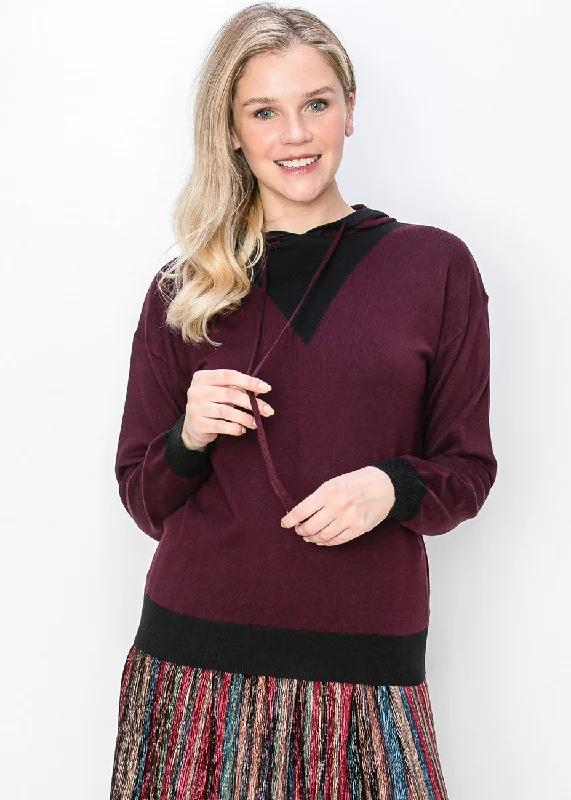 Affordable Luxury Women's Garments Burgundy Knit Hoodie with Black Accent