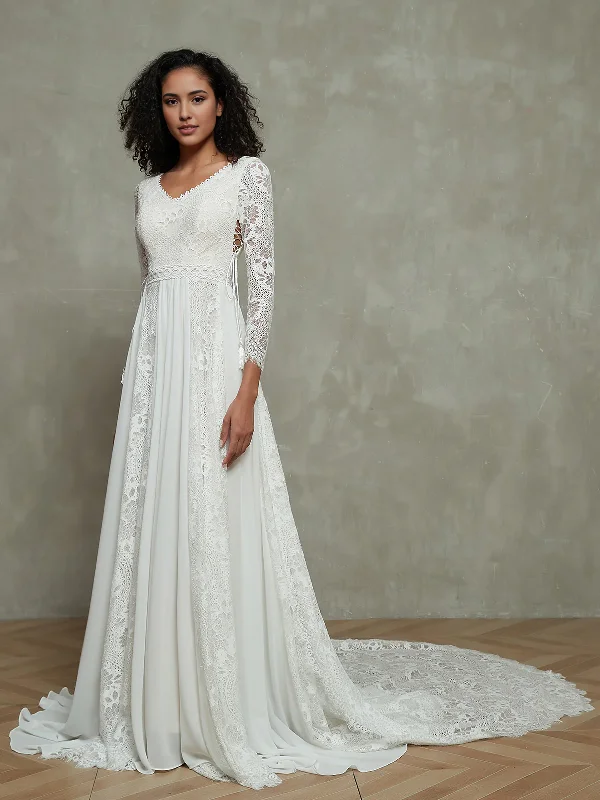 Women's Travel Garments Wedding Dresses  Chiffon And Lace Bohemian Style With Long Sleeves Beach Wedding Unique Dresses