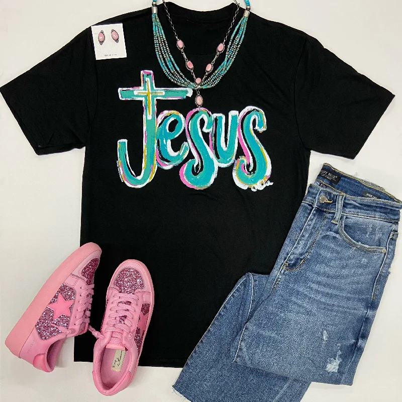 Affordable Luxury Women's Apparel Jesus Cross Short Sleeve Graphic Tee in Black