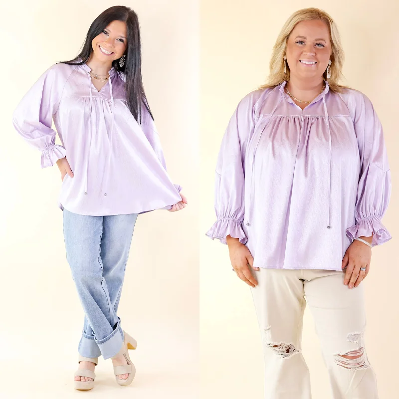 Trendy Athleisure Clothing For Women Sunset Situation Front Tie Keyhole Blouse in Lavender Purple