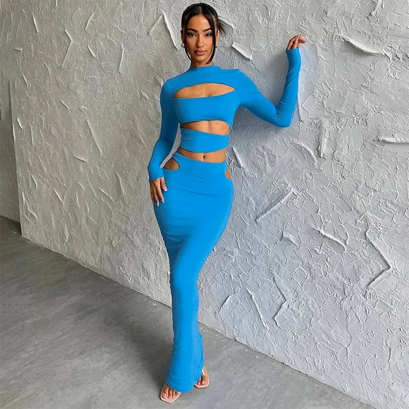 Women's Evening Wear Outfit 2024 Autumn Winter Party Night Club Streetwear Cut Out Crop Top Long Skirt Sets Maxi Dress