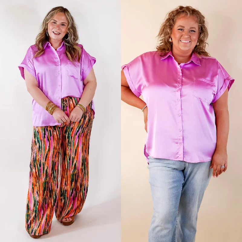 Women's Holiday Outfit Free To Be Fab Button Up Short Sleeve Top in Lavender Purple