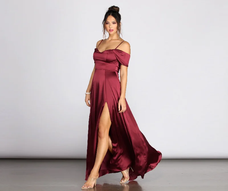 Women's Vacation Attire Kara Satin Off Shoulder Formal Gown