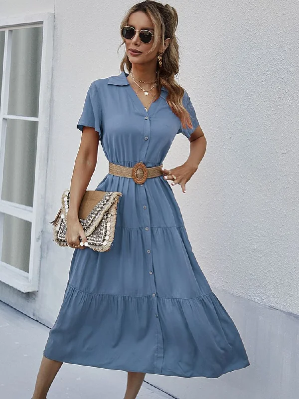 Women's Clothing Sets FashionSierra - Solid Ruffles A-line Casual V-neck High Waist Shirt Dress