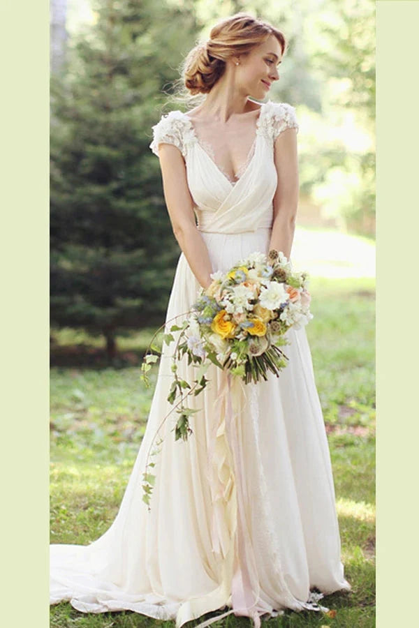 Women's Trendy Casual Outfit Wedding Dresses A-Line V-Neck Chiffon with Lace Appliqued Cap Sleeves Chapel