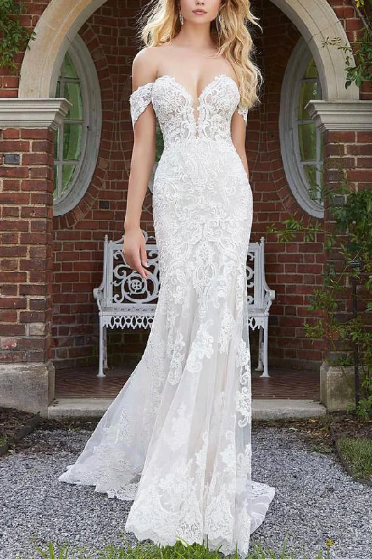 Women's Clothing Apparel Sets Mermaid Off The Shoulder Lace Sweep Train Zipper Wedding Dresses