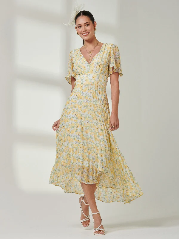 Chic Clothing For Women Pleated Dip Hem Chiffon Midaxi Dress, Yellow Floral