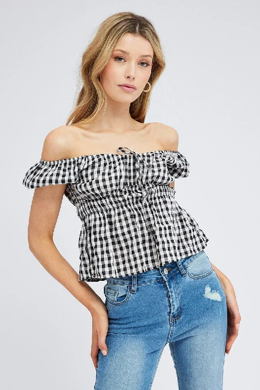 Women's Professional Clothes Check Peplum Top Short Sleeve Gathered Bust