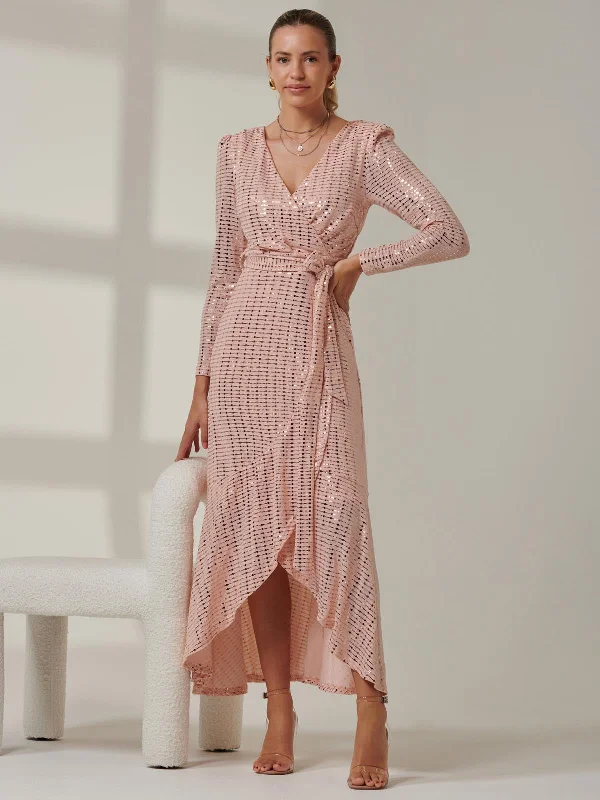 Vintage-Inspired Women's Clothes Sparkly Glitter Wrap Flare Maxi Dress, Dusty Pink