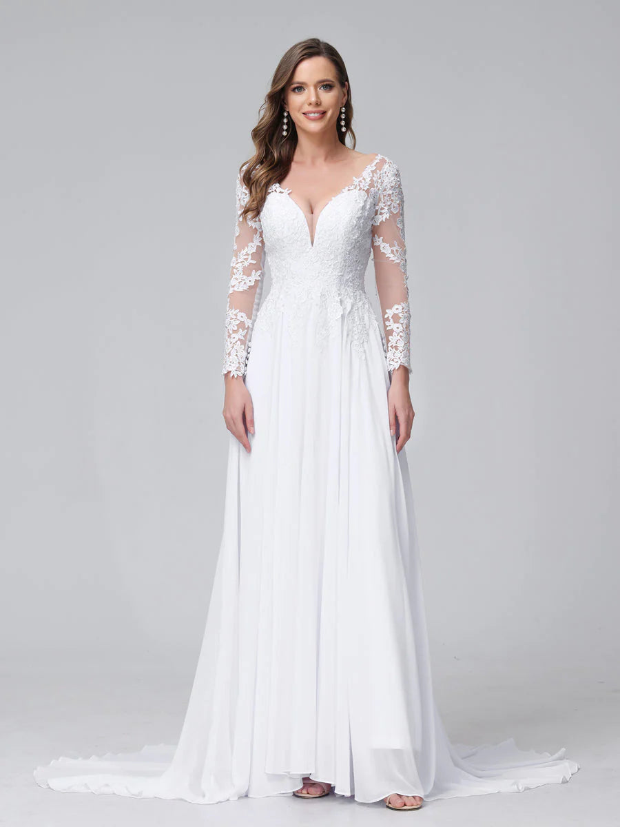 Women's Holiday Clothing A-Line V-Neck Long Sleeves Long Chiffon Wedding Dresses With Lace Applique