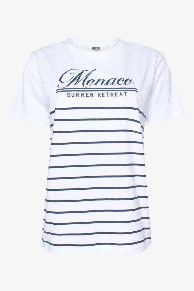 Sustainable Women's Clothing Monaco Navy Print T-Shirt White