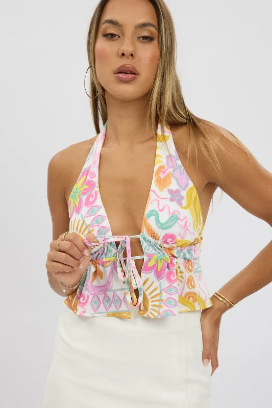 Women's Stylish Casual Garments Multi Abstract Halter Top Sleeveless