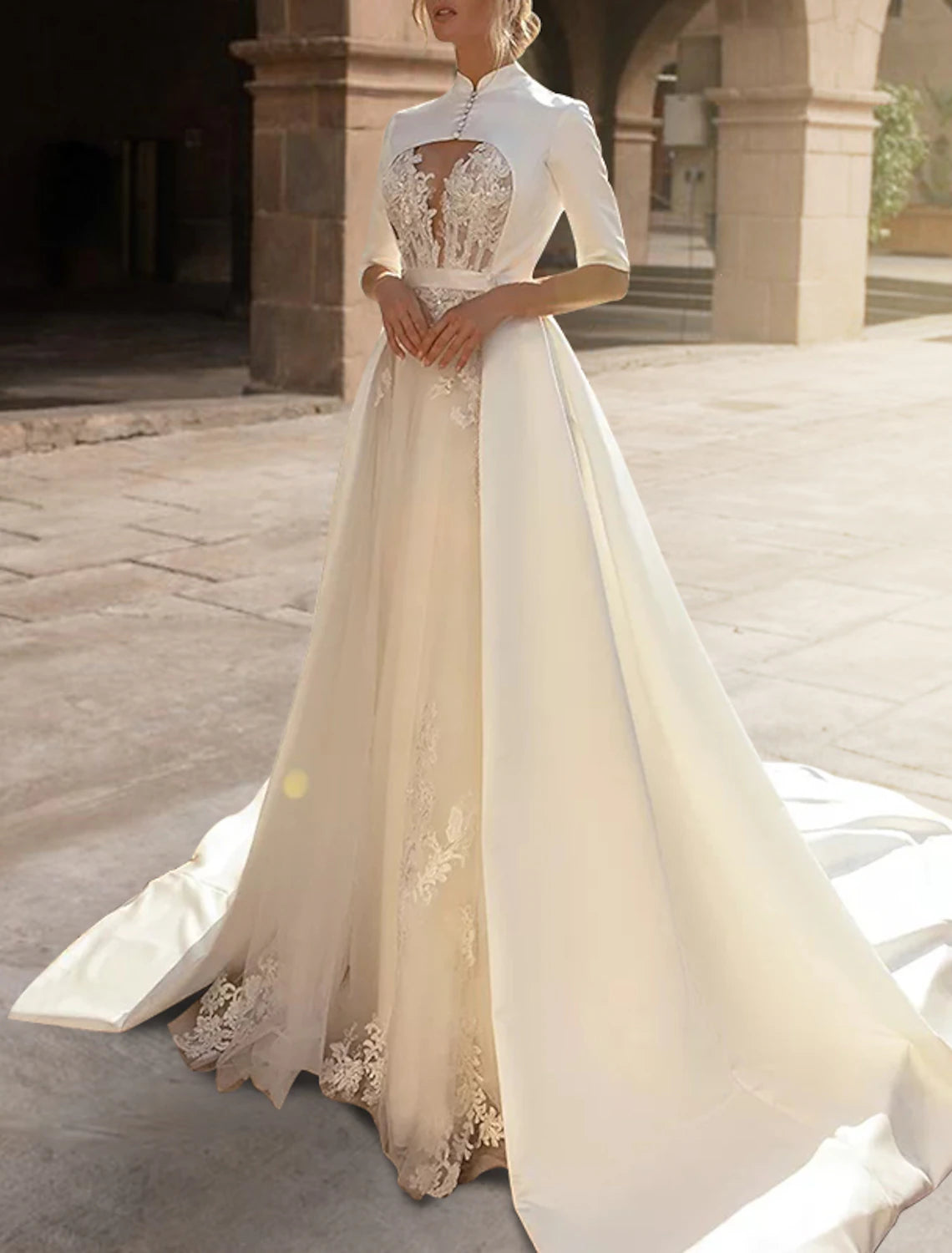 Women's Comfy Loungewear Outfit Engagement Royal Style Formal Wedding Dresses A-Line Sweetheart Half Sleeve Court Train Satin Bridal Gowns With Ruffles Appliques