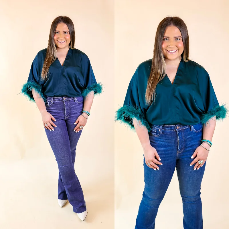 Women's Chic Apparel Party Plans V Neck Bodysuit with Feather Sleeves in Teal