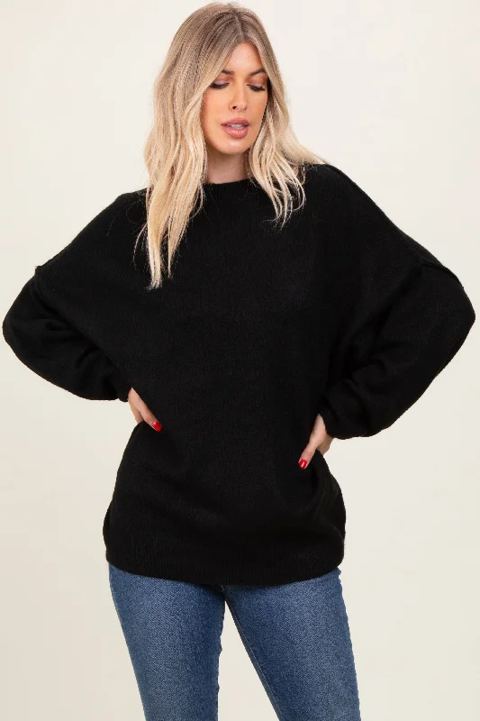 Women's Clothing For Work Black Oversized Crewneck Melange Knit Sweater