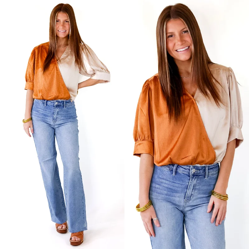 Women's Luxury Attire A Lister Color Block Bodysuit with Half Sleeves in Beige and Copper