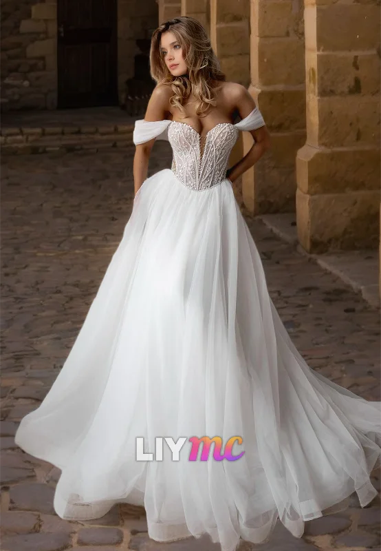 Women's Vintage-Inspired Outfit Off-Shoulder Strapless Appliques Tulle Ball Gown Wedding Dress