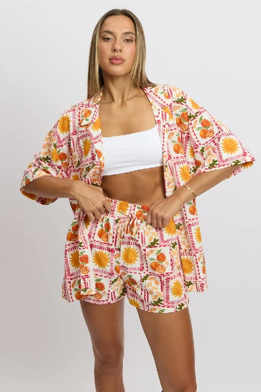 Women's Chic Apparel Multi Abstract Relaxed Shirt Short Sleeve Linen Blend