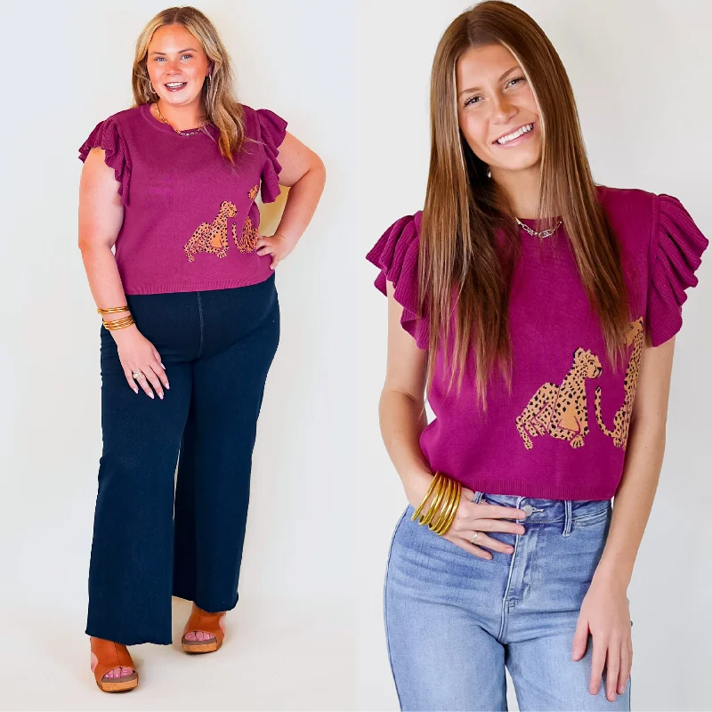 Stylish Outerwear Clothes For Women Talk This Way Cheetah Print Sweater with Ruffle Cap Sleeves in Plum Purple