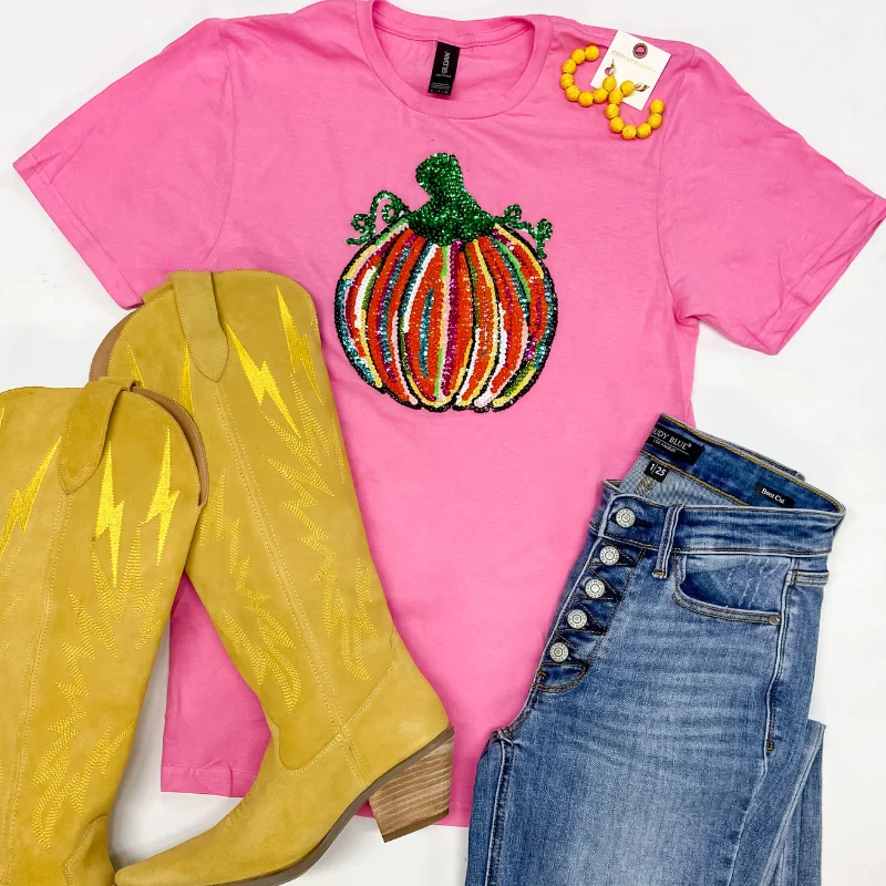 Women's Trendy Attire The Great and Colorful Pumpkin Sequin Patch Short Sleeve Graphic Tee in Pink