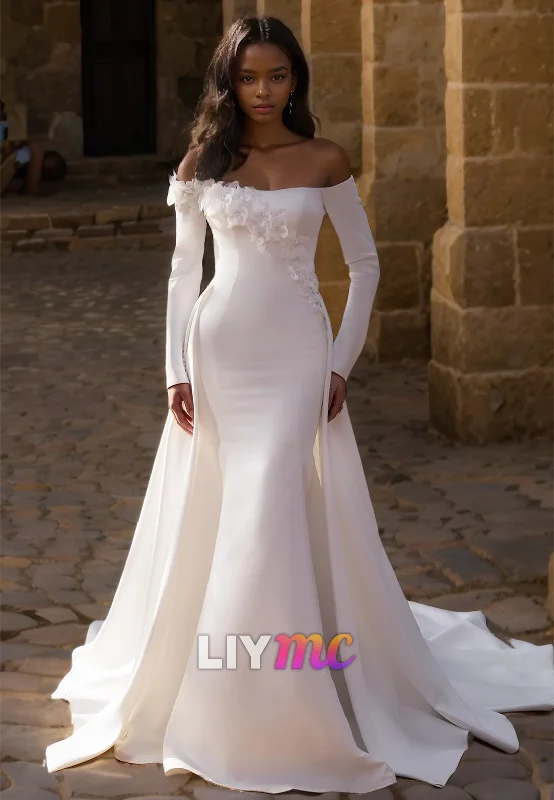 Women's Transitional Apparel Off-Shoulder Long Sleeves Floral Embellished Mermaid Wedding Dress