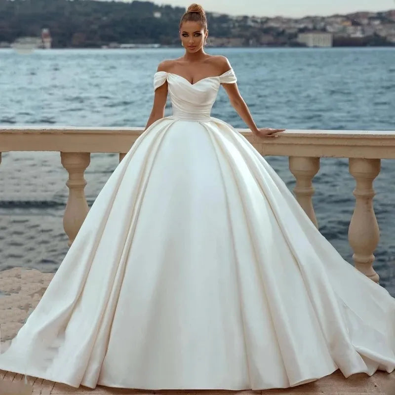 Women's Casual Wear Clothing Sexy Off-Shoulder Bridal Dresses Satin Ivory  A-Line Pleated Simple Princess Wedding Gowns Vestidos De Novia Formal Party