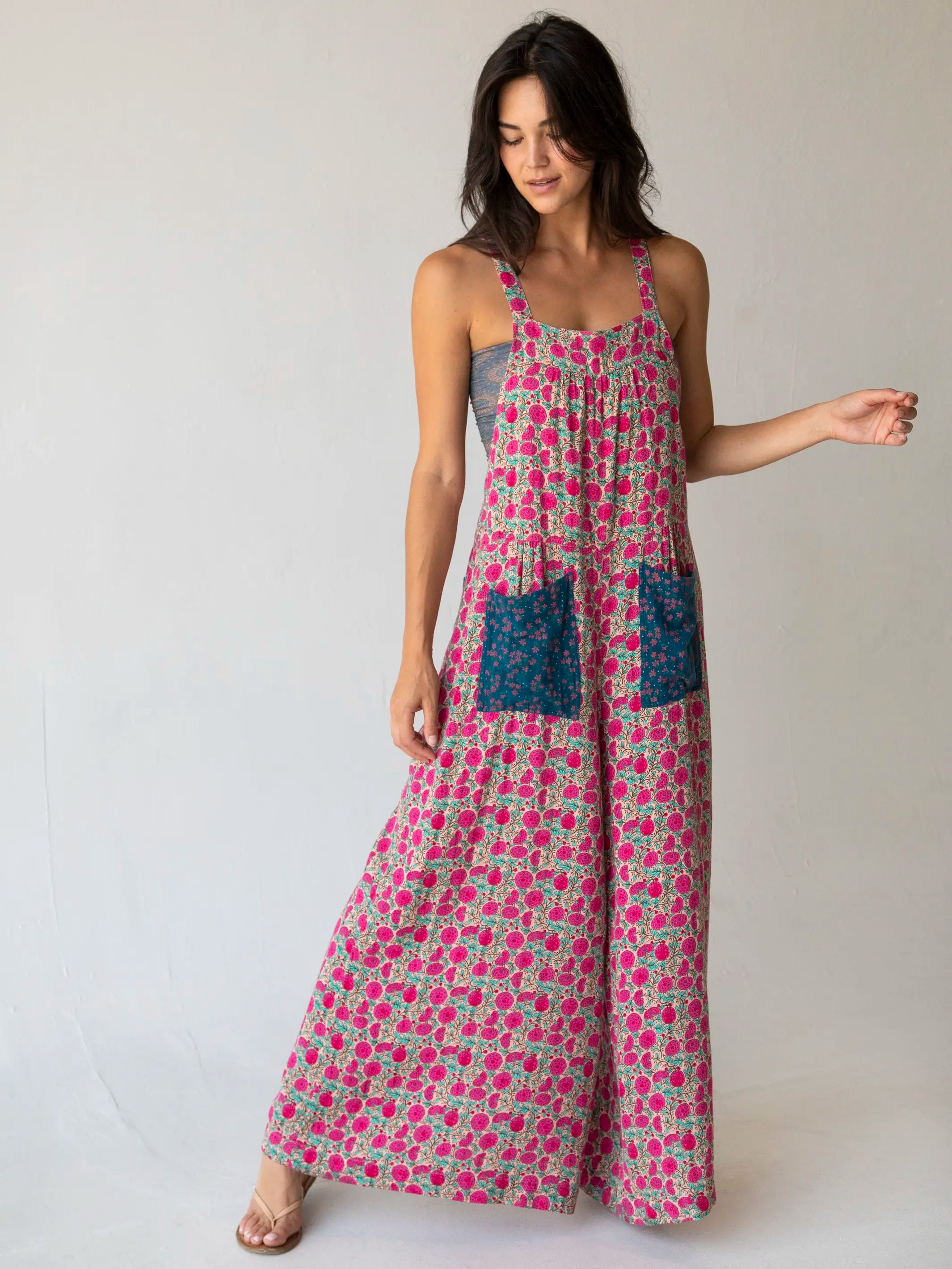 Women's Evening Wear Outfit Dakota Tie Overall - Pink Puff Floral Cotton