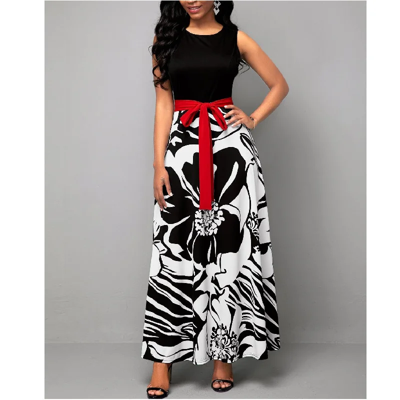 Women's Wardrobe Apparel S to 5XL New Spring/Summer Sleeveless Printed High Waist Belt Maxi Elegant Dress For Fat Women