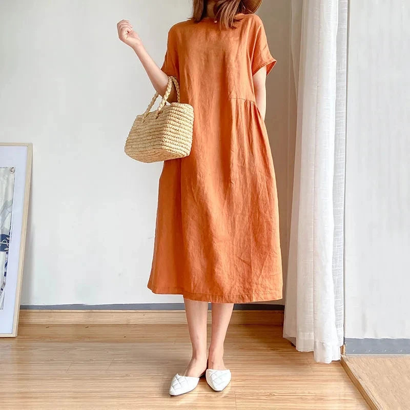 Women's Holiday Attire Orange Casual Chic O-Neck Loose Pullover Korean Mid-Calf Spring Midi Dresses