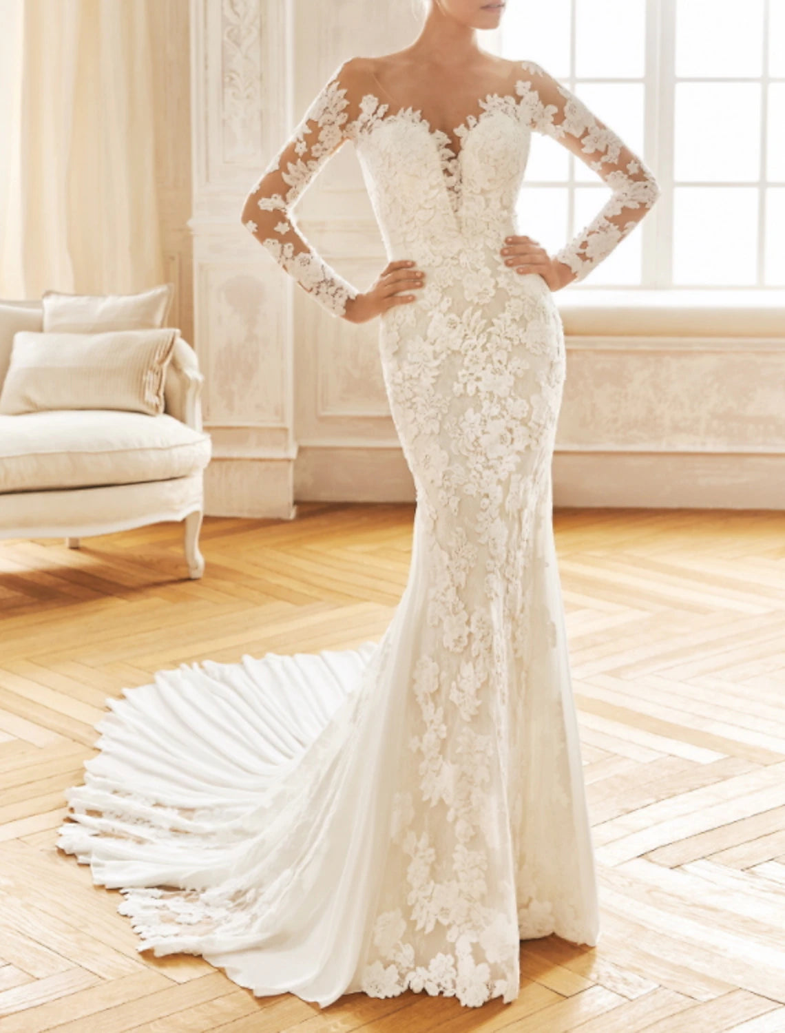 Sustainable Women's Apparel Engagement Open Back Formal Wedding Dresses Mermaid / Trumpet Illusion Neck Long Sleeve Court Train Chiffon Bridal Gowns With Embroidery Appliques