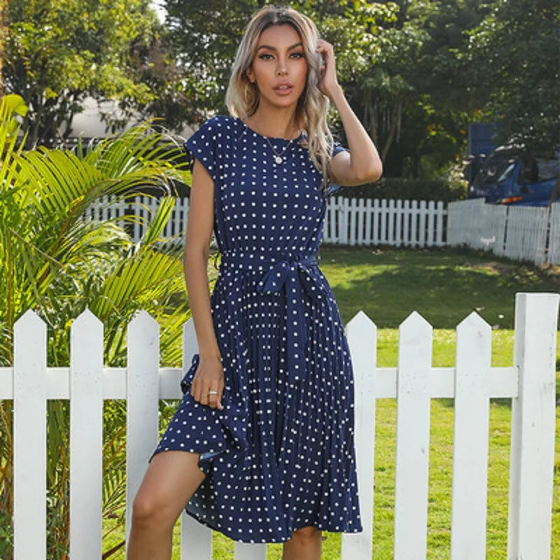 Chic Women's Attire New Summer Polka Dots Pleated Waist Office Green Dinner Midi Dresses Chic Women's Attire New Summer Polka Dots Pleated Waist Office Green Dinner Midi Dresses