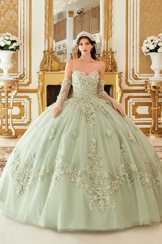 Women's Trendy Clothes Cinderella Divine 15714 Long Strapless Quinceanera Floral Applique Ball Gown