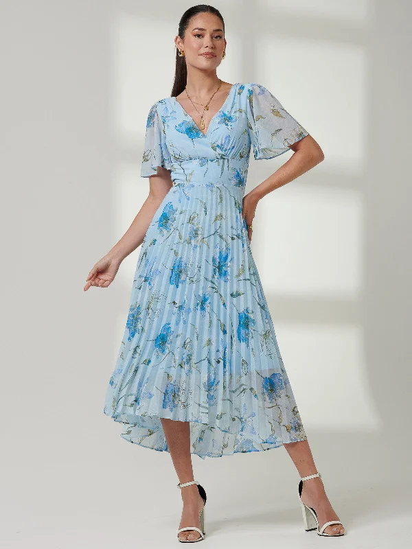 Women's Cozy Clothes Pleated Dip Hem Chiffon Maxi Dress, Blue Floral