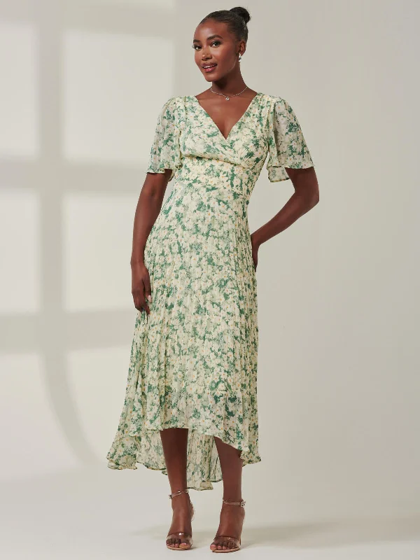 Affordable Luxury Women's Apparel Chelsea Pleated Chiffon Dip Hem Maxi Dress, Green Abstract