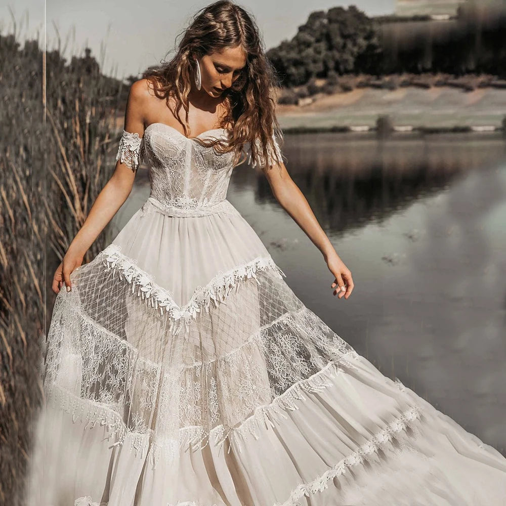 Women's Elegant Evening Outfit Elegant A-Line Wedding Dresses Women Open Back Off The Shoulder Sweetheart Lace Boho Bridal Gown Sweep Train Vestidos De Noiva