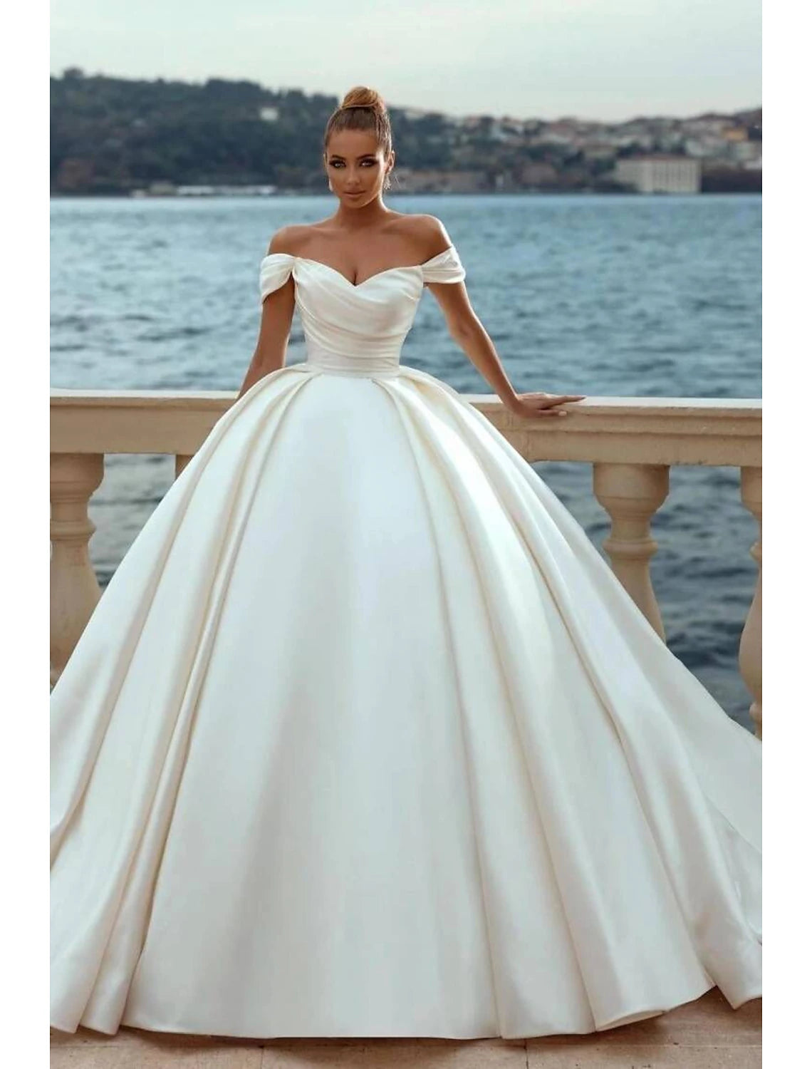 Classic Women's Clothing Styles Engagement Formal Wedding Dresses Ball Gown Off Shoulder Cap Sleeve Court Train Satin Church Bridal Gowns With Ruched Solid Color Summer Fall Wedding Partyr Summer Fall Wedding Party