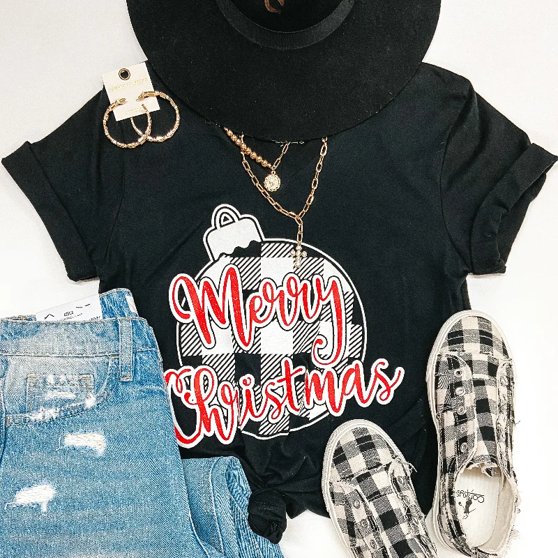 Women's Professional Clothes Last Chance Size Small | Merry Christmas in Buffalo Plaid Ornament Short Sleeve Graphic Tee in Black