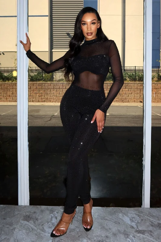Casual Attire For Women Never Enough Black Mesh Rhinestone Jumpsuit