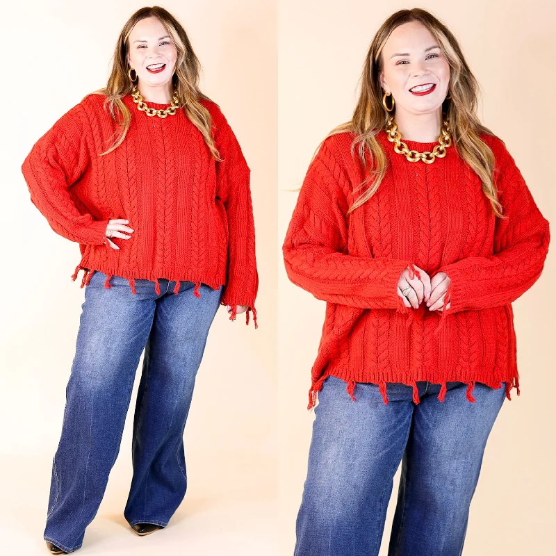 Women's Timeless Attire Ready Willing and Cable Knit Pullover Sweater with Frayed Hem in Red