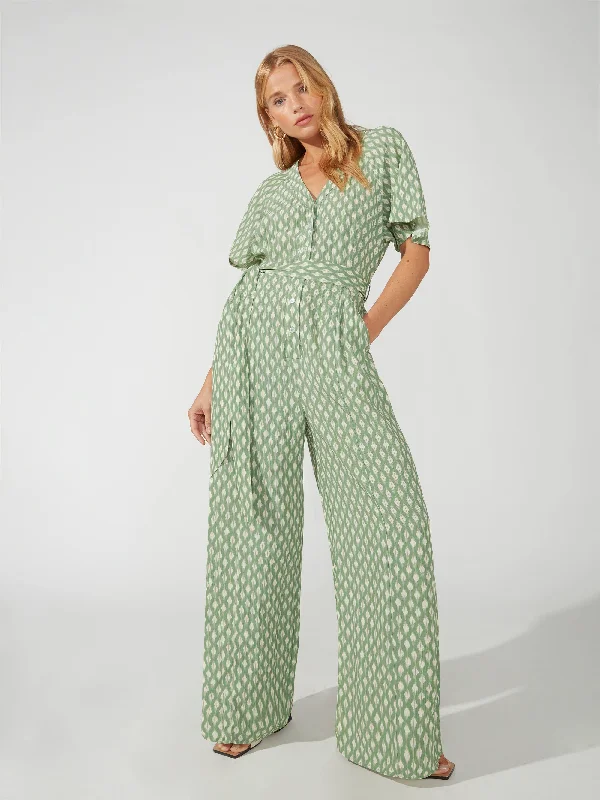 Women's Comfy Loungewear Outfit Green Diamond Print Jumpsuit