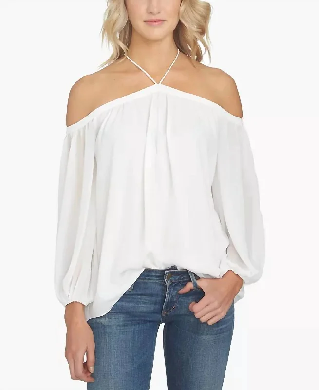 Women's Chic Outerwear Attire Off The Shoulder Cold Shoulders Halter Neck Blouse In White