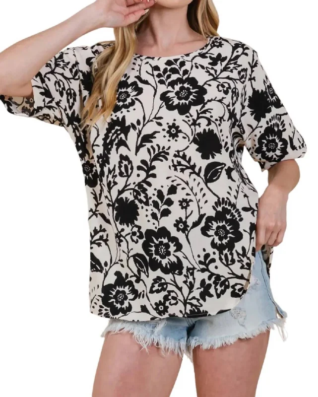 Chic Clothes For Women Floral Short Sleeve Top In Black/ivory