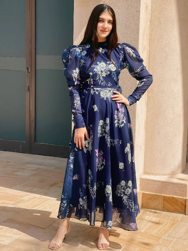 Women's Stylish Professional Apparel Victoria - Navy Blue Floral Dress with Flowers