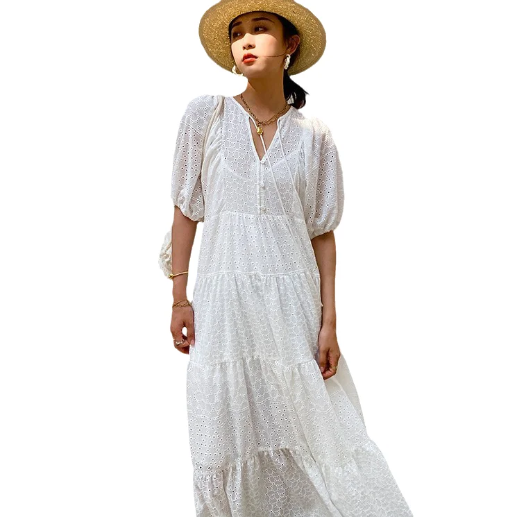 Vintage Clothing For Women French Holiday Temperament  White Embroidered Cotton Bohemian Maxi Dress Women